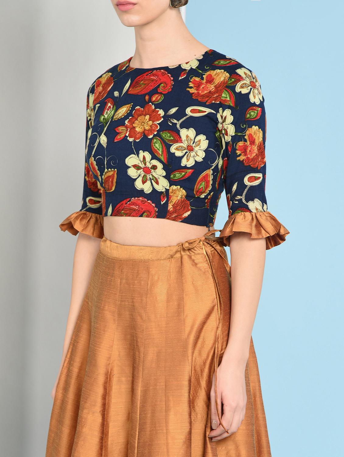ruffled sleeved floral top with solid flared skirt - 16049447 - Zoom Image - 5