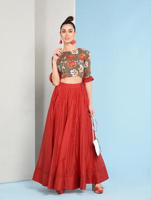 Ruffles sleeved floral top with solid flared skirt set - 16049448 - Standard Image - 2