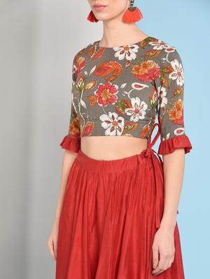 Ruffles sleeved floral top with solid flared skirt set - 16049448 - Standard Image - 5