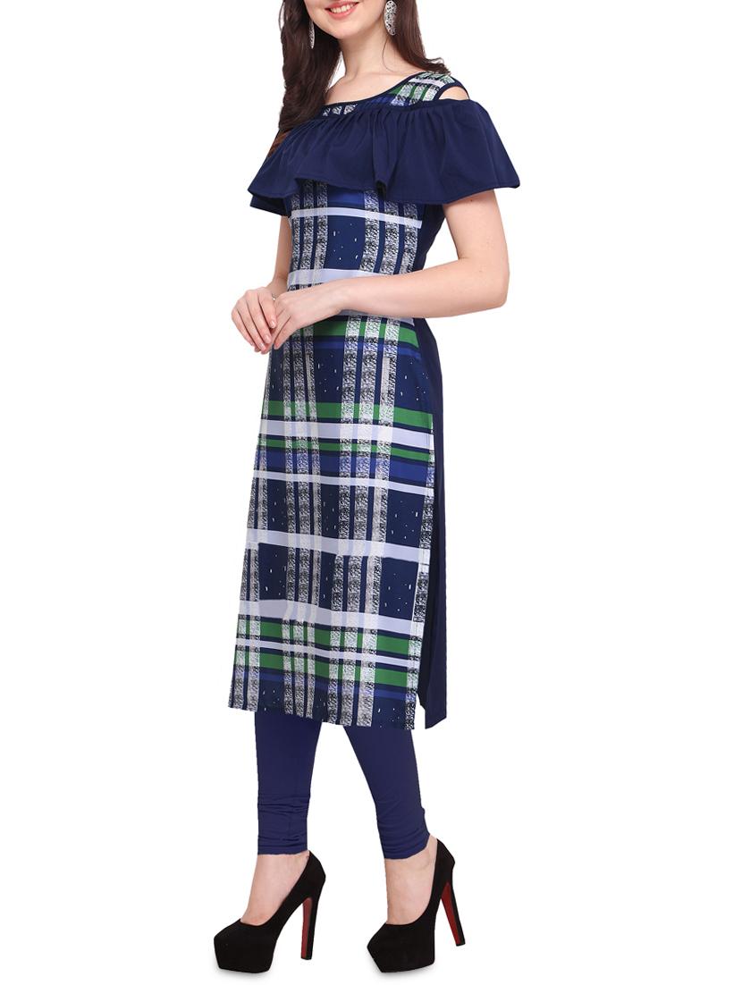 navy checkered straight kurta - 16053318 - Zoom Image - 2