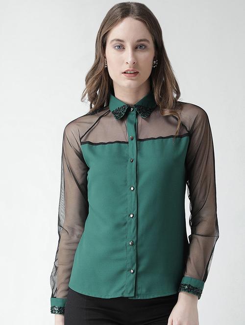 embellished collar sheer panel shirt - 16058370 - Standard Image - 1