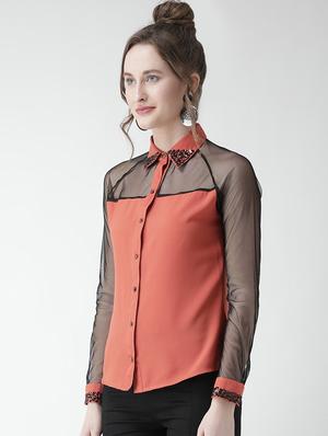 embellished collar sheer panel shirt - 16058371 - Standard Image - 2