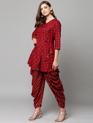 Foil print checks angrakha kurta with salwar set - 16059086 - Standard Image - 2