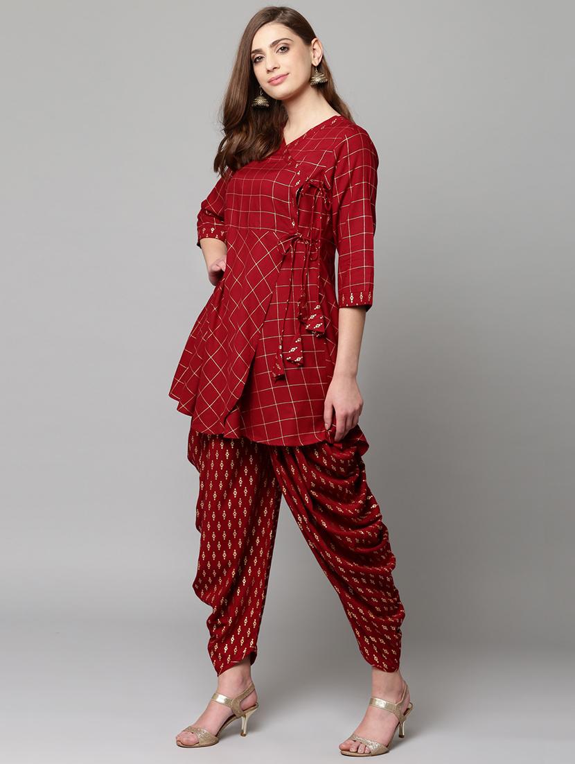 Foil print checks angrakha kurta with salwar set - 16059086 - Zoom Image - 2
