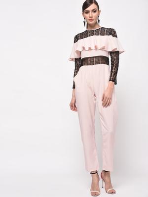 contrast lace ruffled full leg jumpsuit - 16059480 - Standard Image - 2