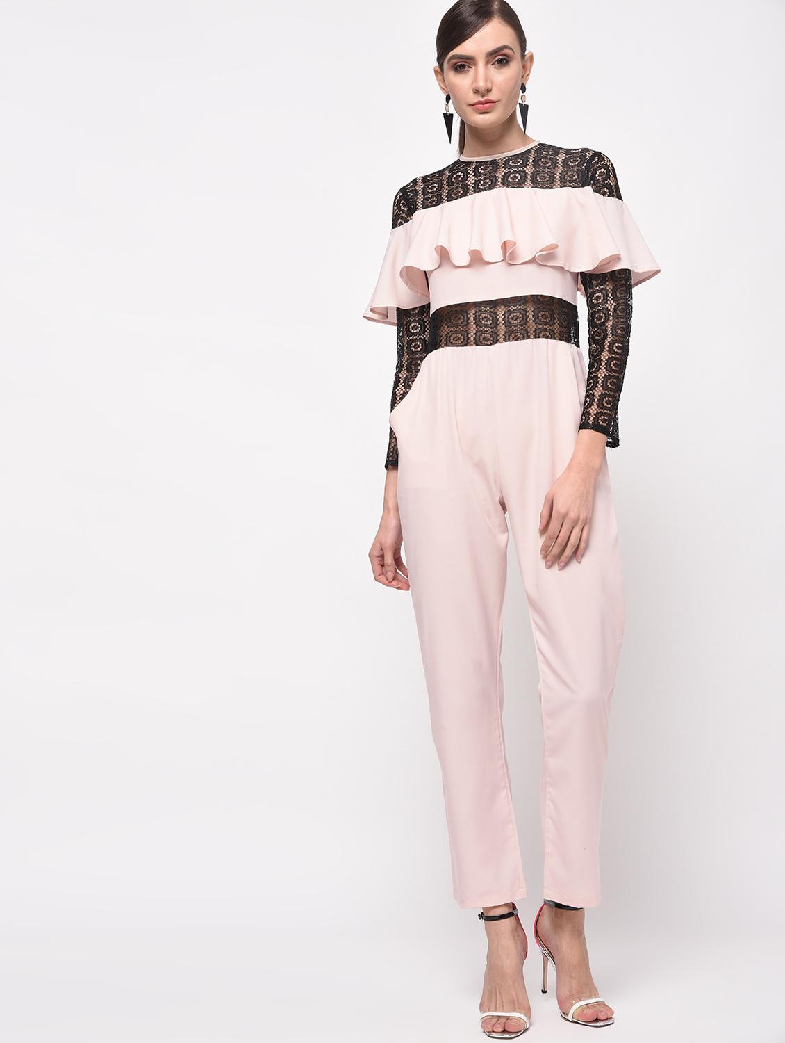 contrast lace ruffled full leg jumpsuit - 16059480 - Zoom Image - 2