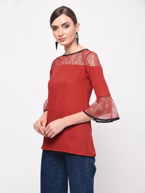 contrast piped floral lace panel top - 16059491 - Standard Image - 2