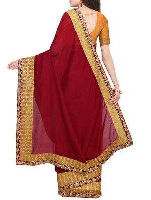 Embroidery bordered plain saree with blouse - 16063493 - Standard Image - 2