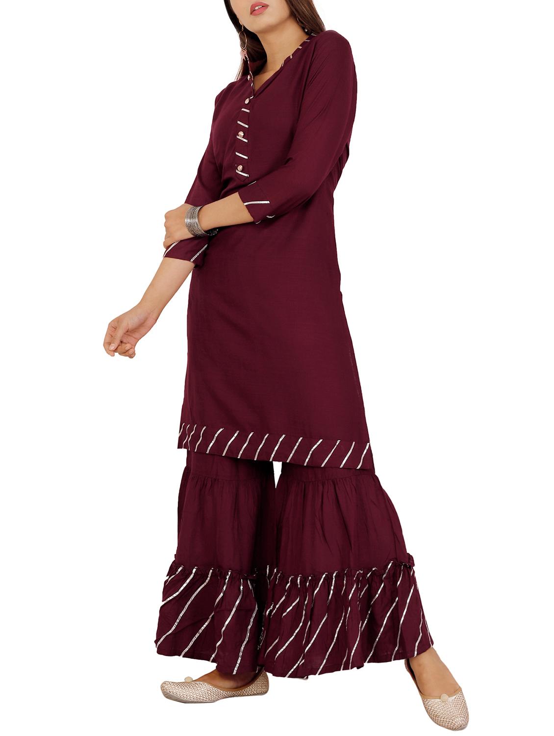 gota work solid kurta with ruffled palazzo set - 16065380 - Zoom Image - 2