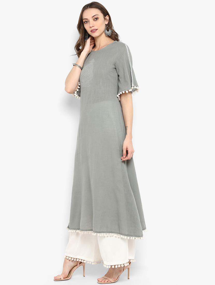 ethnic motif solid kurta with palazzo set - 16077701 - Zoom Image - 2