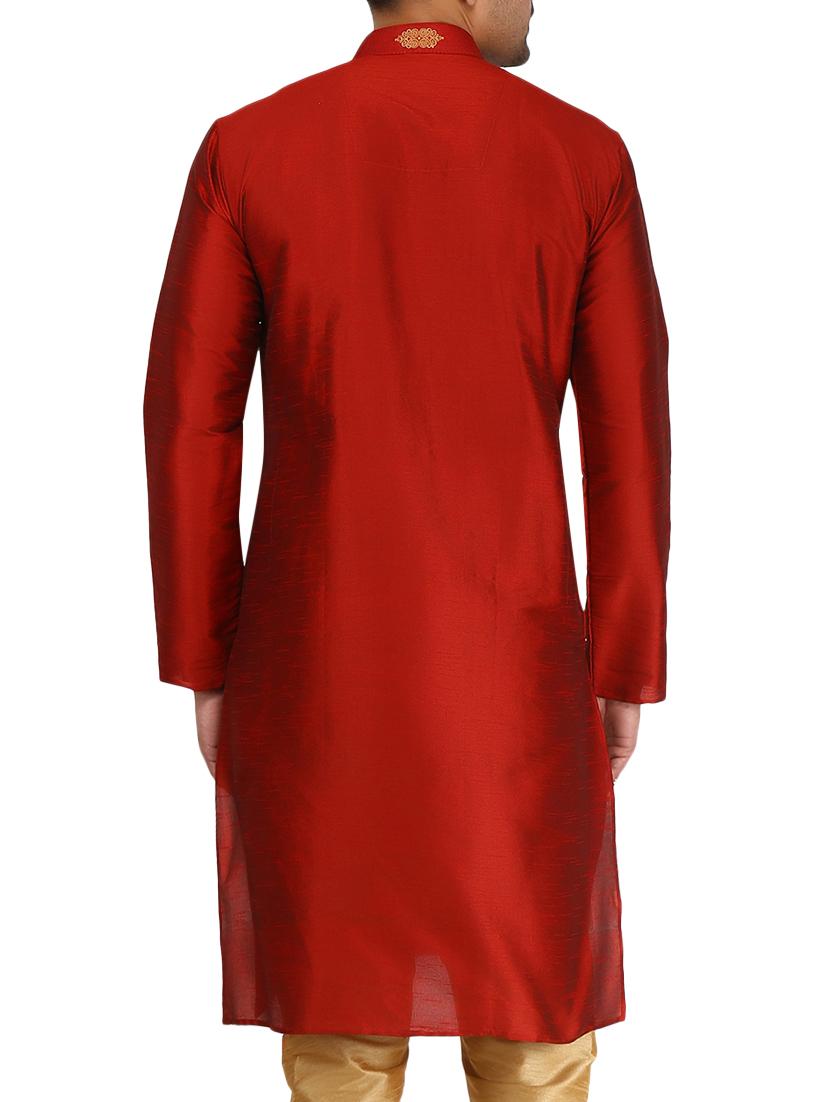 red pure silk long kurta - 16079245 - Zoom Image - 2