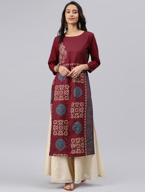 Maroon Printed straight kurta - 16088991 - Standard Image - 1