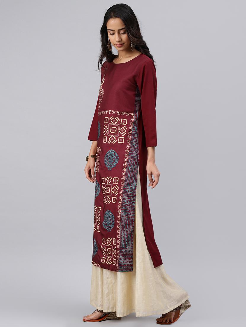 Maroon Printed straight kurta - 16088991 - Zoom Image - 2