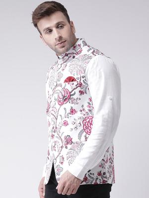 white floral printed nehru jacket - 16089796 - Standard Image - 2