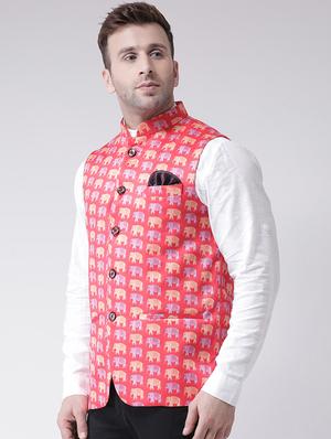 red printed nehru jacket - 16089819 - Standard Image - 2