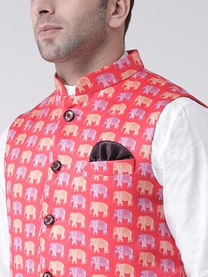 red printed nehru jacket - 16089819 - Standard Image - 5