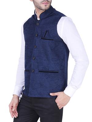 navy blue velvet nehru jacket - 16090989 - Standard Image - 2