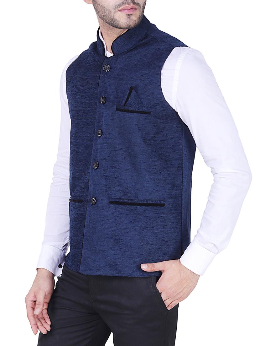 navy blue velvet nehru jacket - 16090989 - Zoom Image - 2