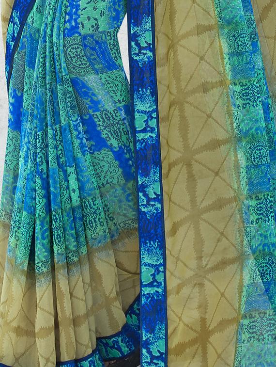 turquoise ethnic motifs printed saree with blouse - 16094134 - Zoom Image - 2