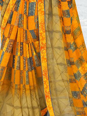 orange checkered printed saree with blouse - 16094143 - Standard Image - 2