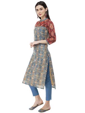 Printed contrast straight kurta - 16094429 - Standard Image - 2
