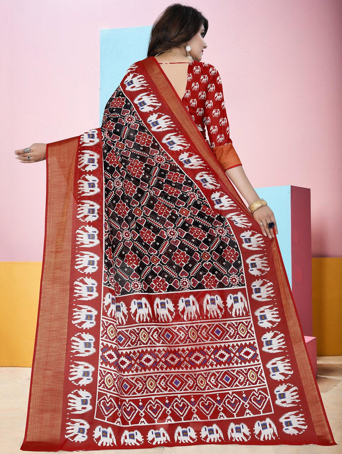 contrast zari border ikat saree with blouse - 16097350 - Zoom Image - 2