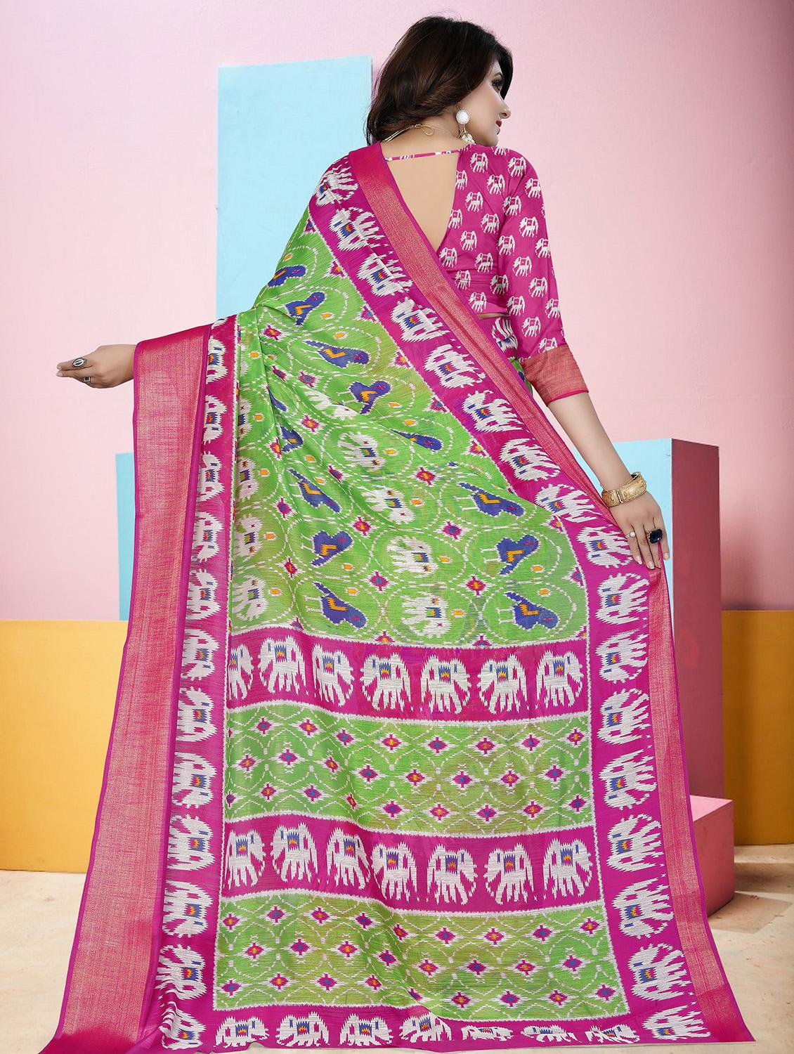 contrast zari border ikat saree with blouse - 16097356 - Zoom Image - 2