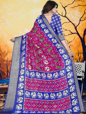 contrast zari border ikat saree with blouse - 16097357 - Standard Image - 2