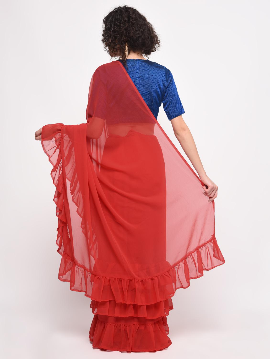 Ruffled plain saree with blouse - 16106325 - Zoom Image - 2