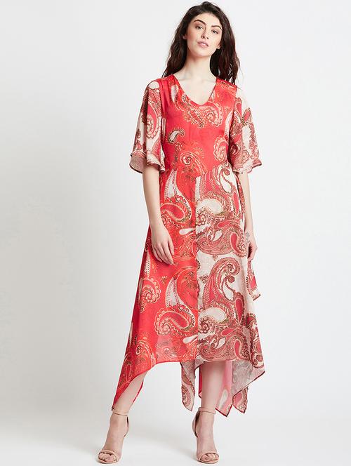 ruffle sleeved paisley asymmetric dress - 16106797 - Standard Image - 1