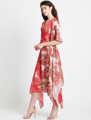 ruffle sleeved paisley asymmetric dress - 16106797 - Standard Image - 2