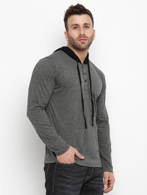 grey solid hooded tshirt - 16109795 - Standard Image - 2