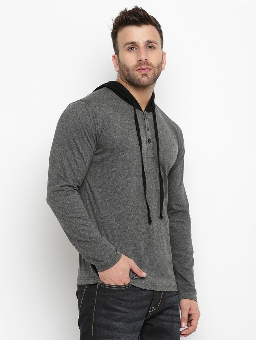 grey solid hooded tshirt - 16109795 - Zoom Image - 2