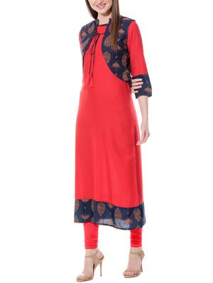 red straight kurta with printed jacket - 16121088 - Standard Image - 2