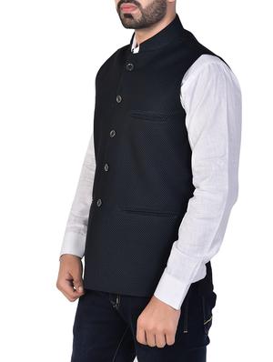 navy blue polyester blend nehru jacket - 16130364 - Standard Image - 2