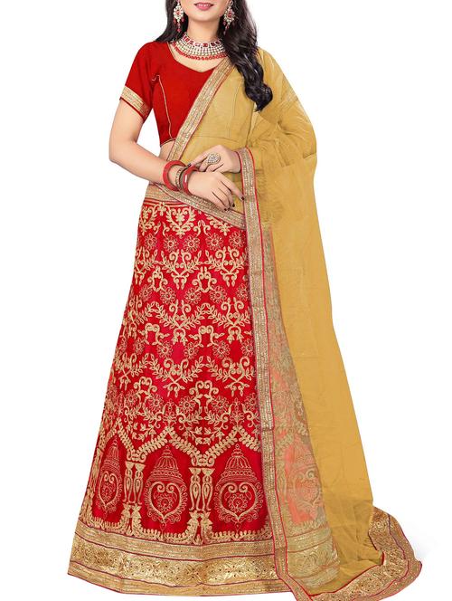 red floral embroidered a-line lehenga - 16132298 - Very Small Image - 1