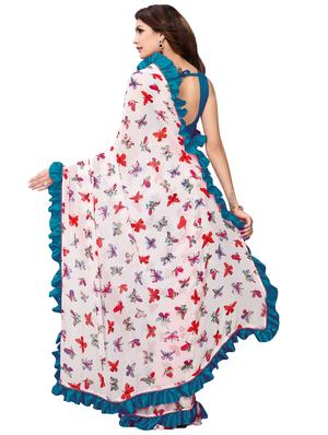 conversational ruffle border fusion saree with blouse - 16137093 - Standard Image - 2