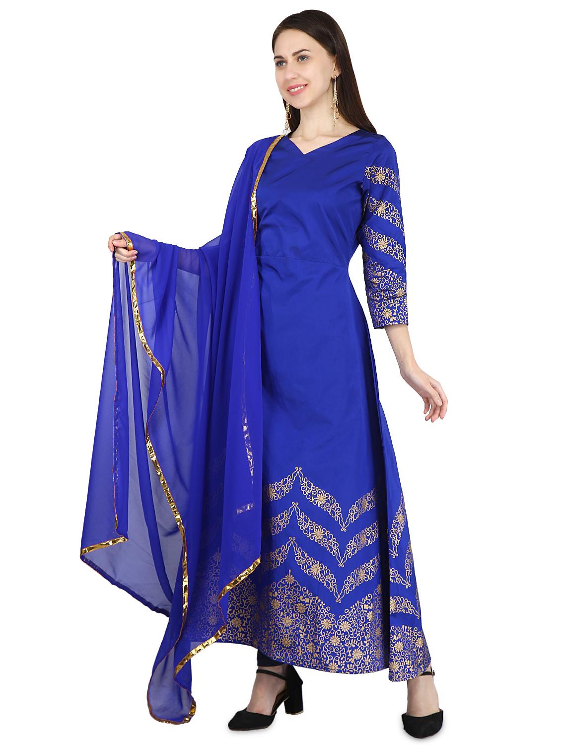 blue foil printed kurta with dupatta set - 16140296 - Zoom Image - 2