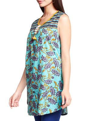 turquoise floral a-line kurti - 16140637 - Standard Image - 2