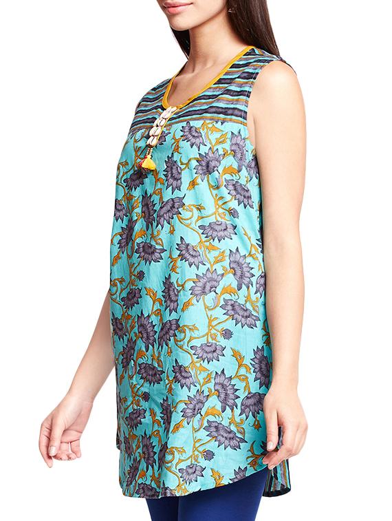 turquoise floral a-line kurti - 16140637 - Zoom Image - 2