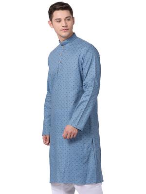 blue cotton long kurta - 16141794 - Standard Image - 2
