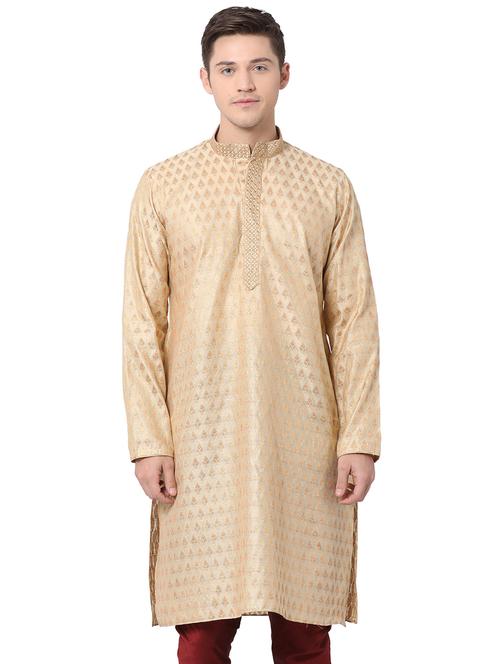 beige silk blend long kurta - 16141802 - Standard Image - 1