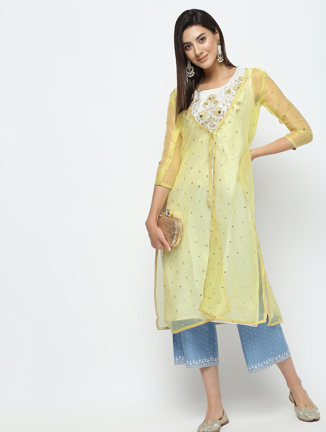 embroidered kurta with jacket - 16141905 - Zoom Image - 2