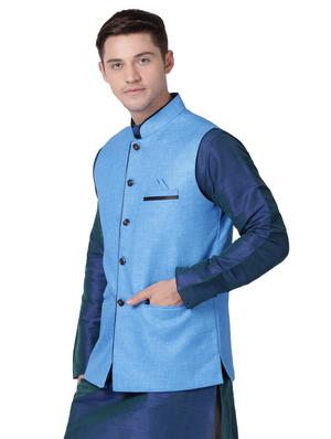 blue cotton nehru jacket - 16157268 - Standard Image - 2