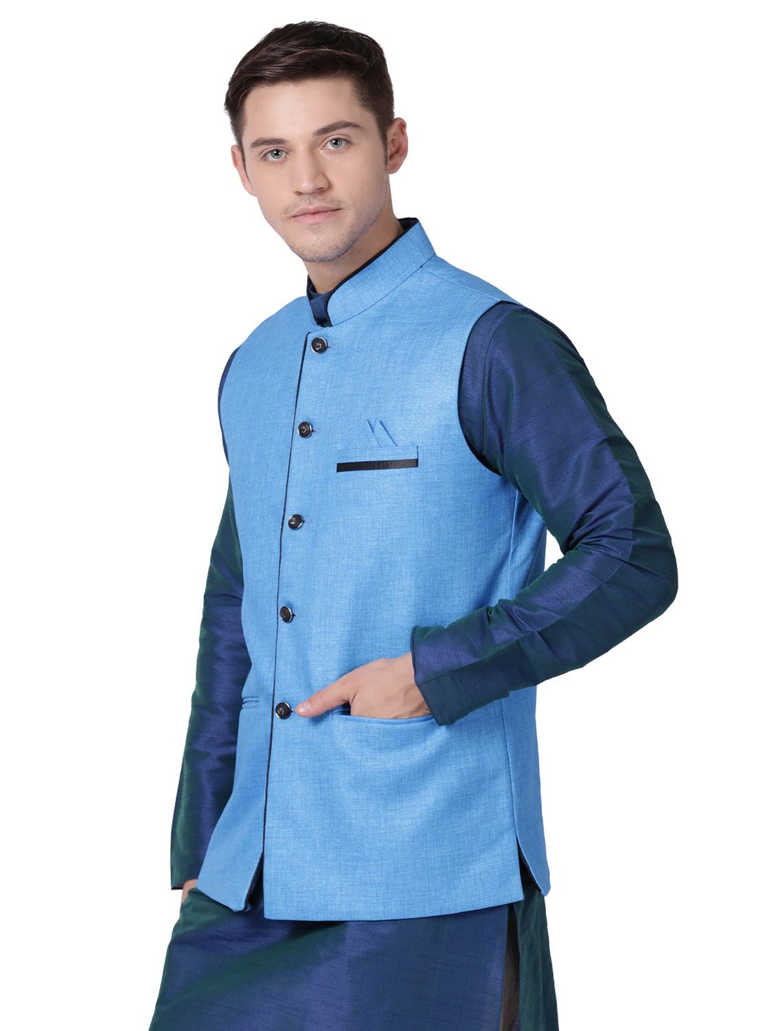 blue cotton nehru jacket - 16157268 - Zoom Image - 2