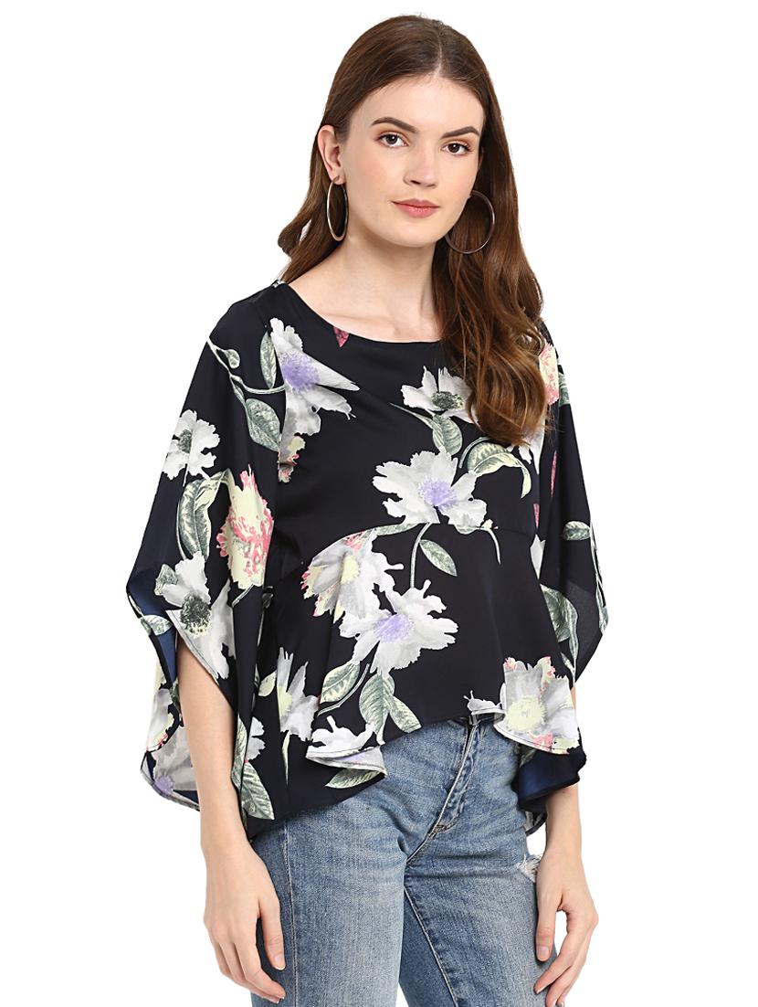 flared sleeved floral asymmetric top - 16159193 - Zoom Image - 2