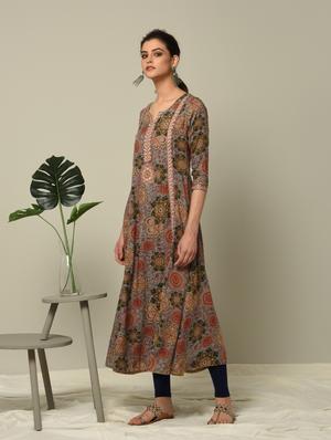 kalamkari printed a-line kurta - 16167207 - Standard Image - 2