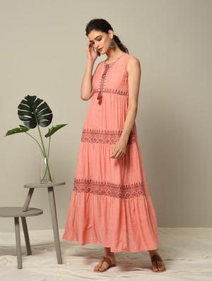 peach embroidered tiered kurta - 16167242 - Standard Image - 2