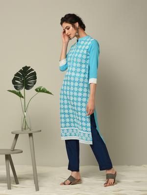 sky blue embroidered straight kurta - 16167262 - Standard Image - 2