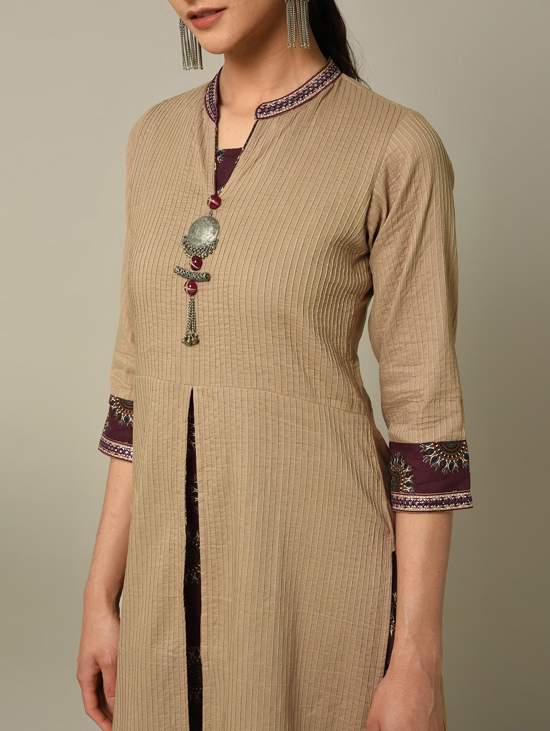 beige pintucks layered kurta - 16167276 - Zoom Image - 5